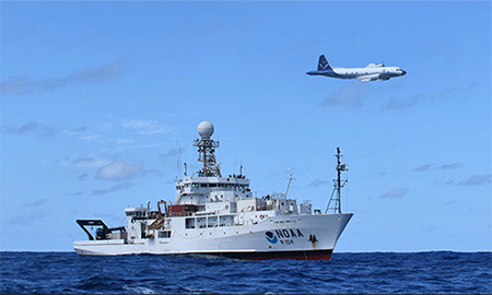 NOAA WP-3D flies over NOAA R/V RHB during ATOMIC 2020