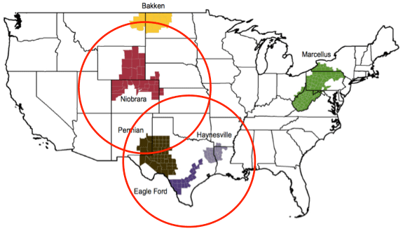 map showing oil and gas fields production areas in the lower 48 states