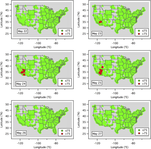maps of 22-27 May 2013 ozone concentrations across the U.S.