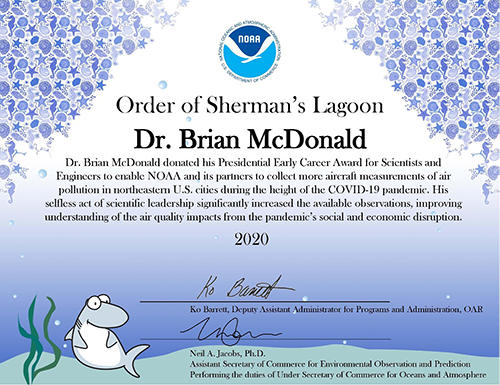 Brian McDonald NOAA Silver Sherman award certificate