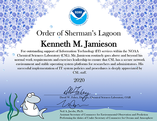 Ken Jamieson NOAA Silver Sherman award certificate