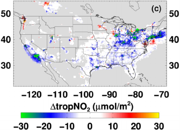 figure showing tropNO2 double difference levels across U.S.