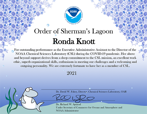 Ronda Knott NOAA Silver Sherman award certificate