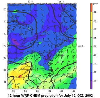 12-hour WRF-CHEM prediction for July 12, 00Z, 2002