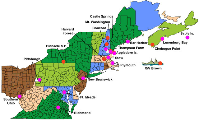 map of the Northeastern U.S. identifying the 2004 surface network locations