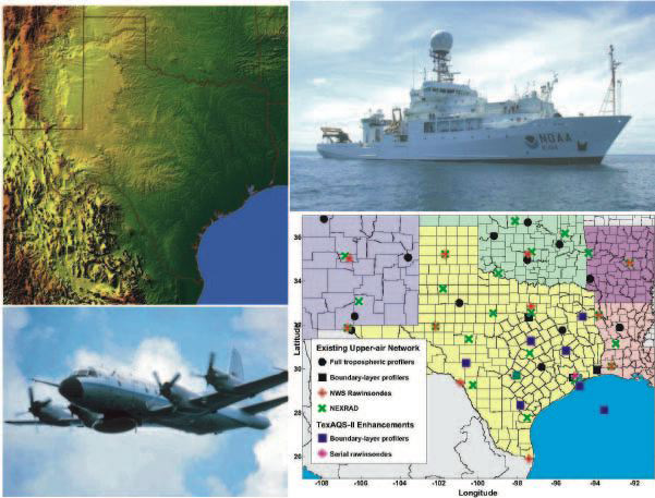 clockwise: satellite relief map; NOAA Research Vessel Ronald H. Brown, Upper-air Network map; NOAA WP-3D Orion aircraft