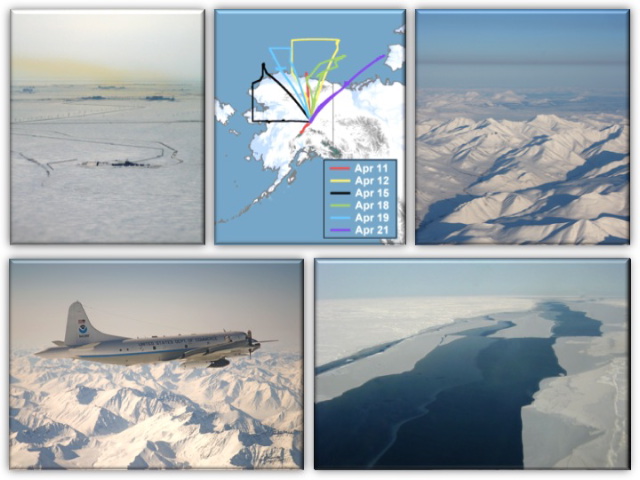 clockwise: Prudoe Bay plume, Project flight tracks, Arctic haze layer, Arctic Ocean leads, NOAA WP-3D Orion aircraft