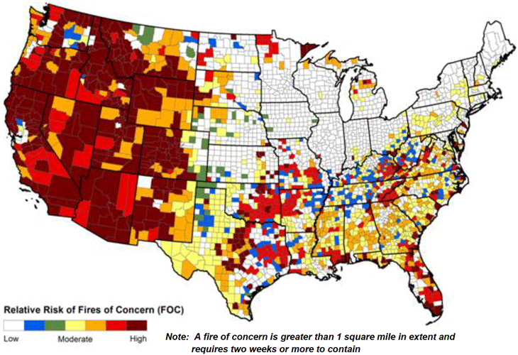 map of America's relative risk of fires of concern (FOC)
