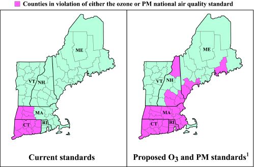 map indicating counties in violations of air quality standards